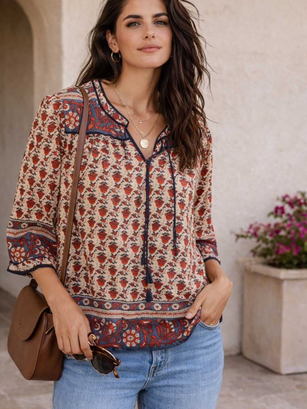 Lucky Brand Boho Floral Print Peasant Blouse Size Medium